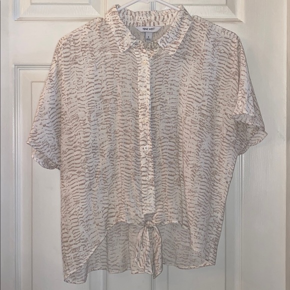 Nine West Cream and Brown Patterned Tie Knot Blouse Top - Picture 3 of 12